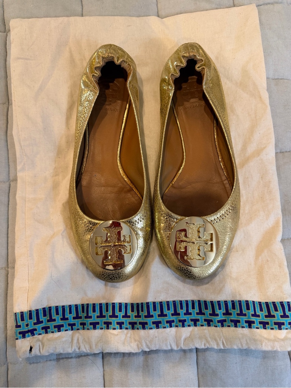 Tory Burch Metallic Gold Logo Ballet Flats